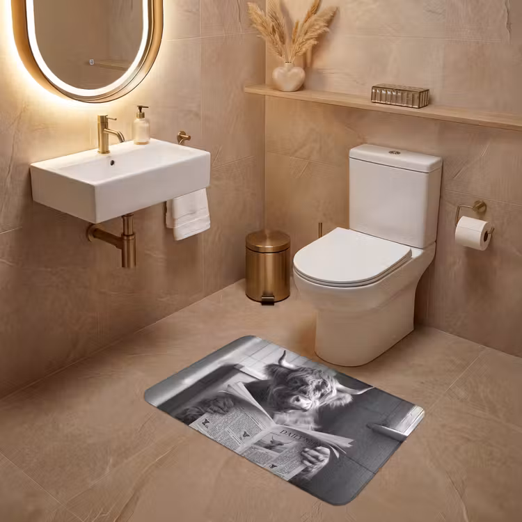 Schotse hooglander - Koe - Krant - WC - Zwart wit WCmat middel -sfeer3