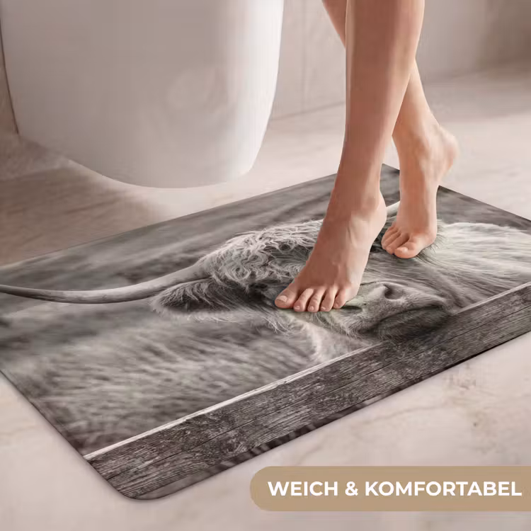 Schotse hooglander - Zwart - Wit - Hout WCmat middel -USP_ZachtDE