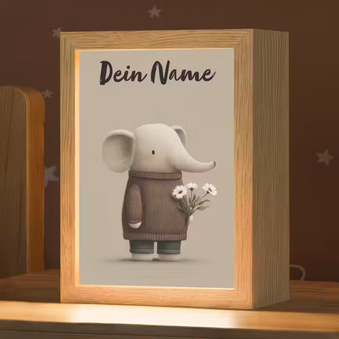 Nachtlicht Kinder mit Namen - Elefant - Weiße Blumen - Kinderfreundlich