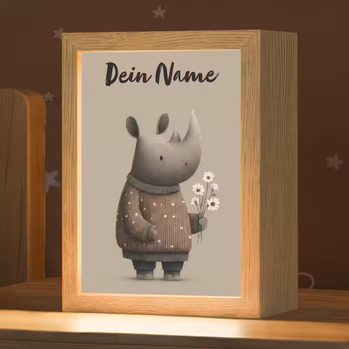 Nachtlicht Kinder mit Namen - Rhinozeros - Weiße Blumen - Süß