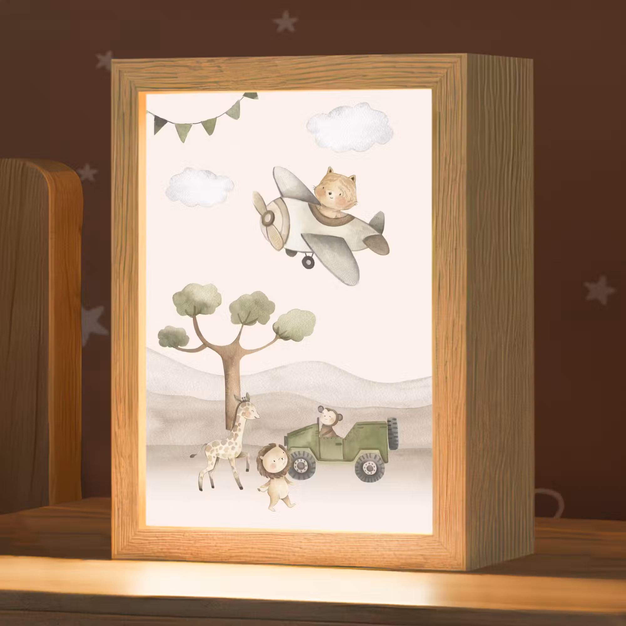 Nachtlicht Kinder - Wildlife - Safari - Pastellfarben - Aquarell - Flugzeug