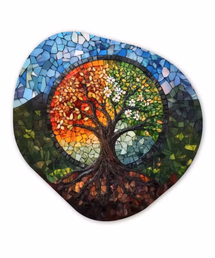Glasbild Organische Form - Baum - Jahreszeiten - Mosaik - Berge