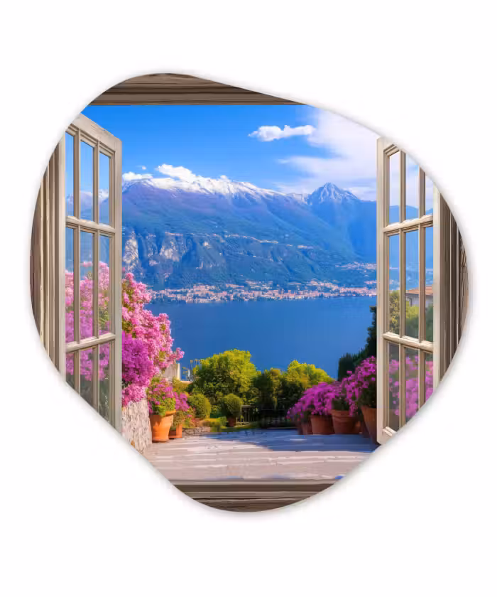Glasbild Organische Form - Durchblick - Berg - Landschaft - Ausblicke - See