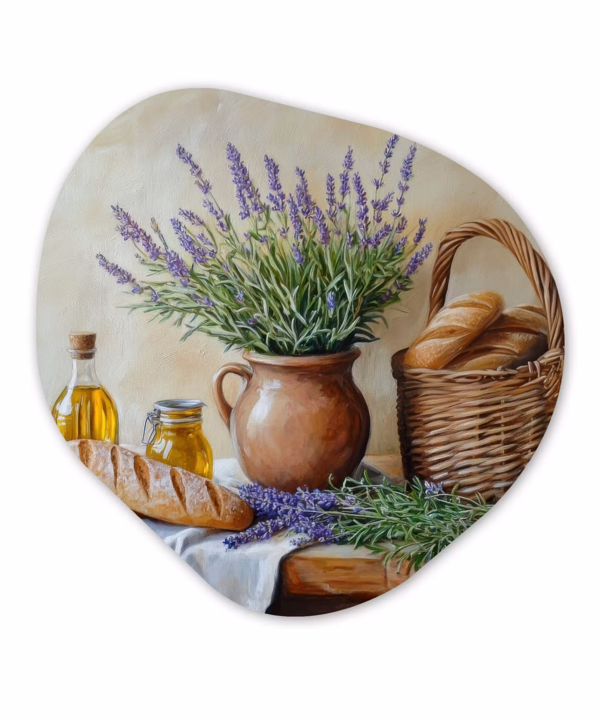 Glasbild Organische Form - Lavendel - Brot - Stilleben