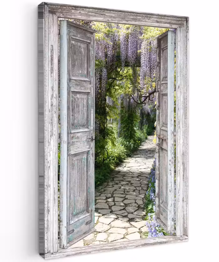 Outdoor Leinwand - Alte Türen zu einem Gartenweg