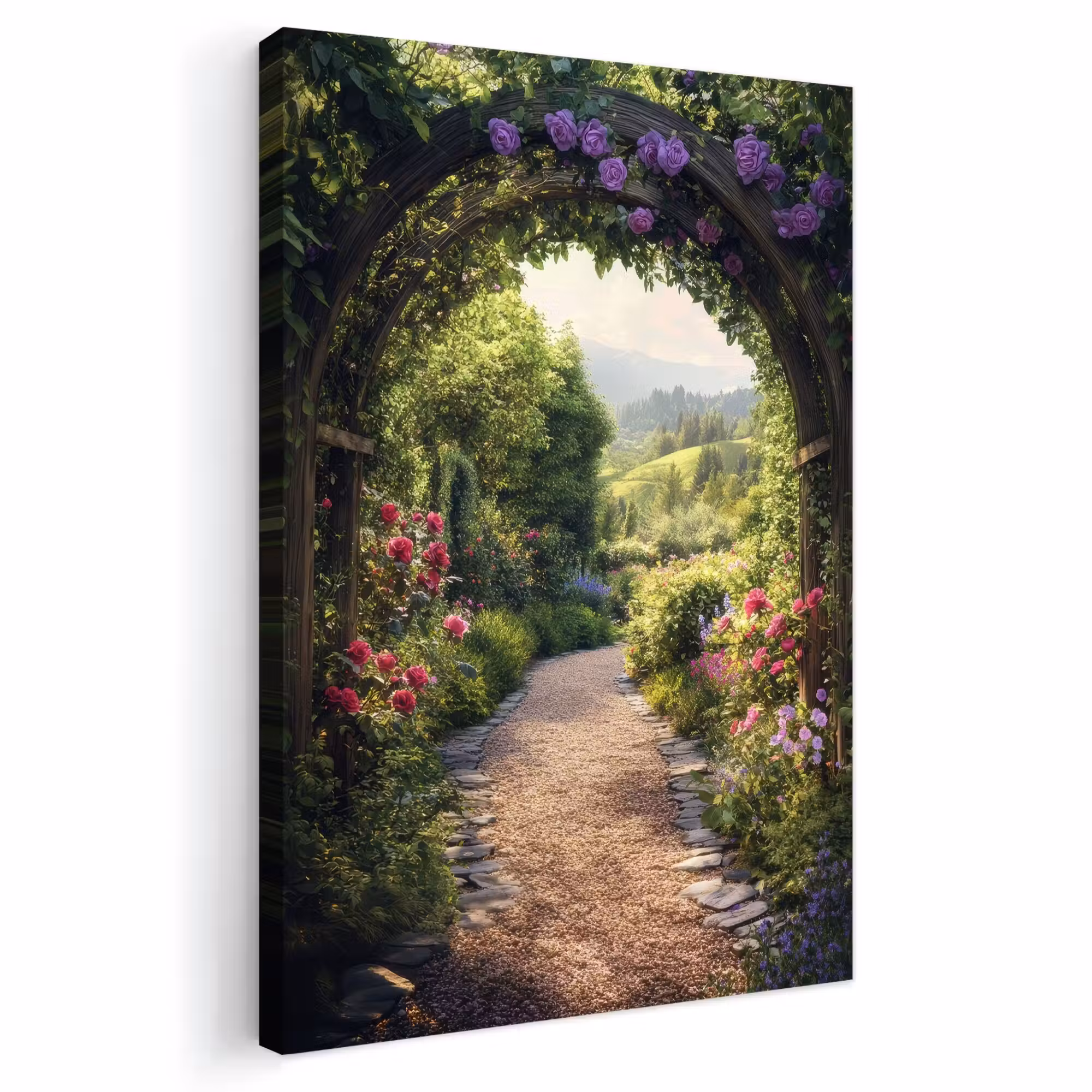 Outdoor Leinwand - Ausblick - Landschaft - Blumen - Gartenbogen - Natur