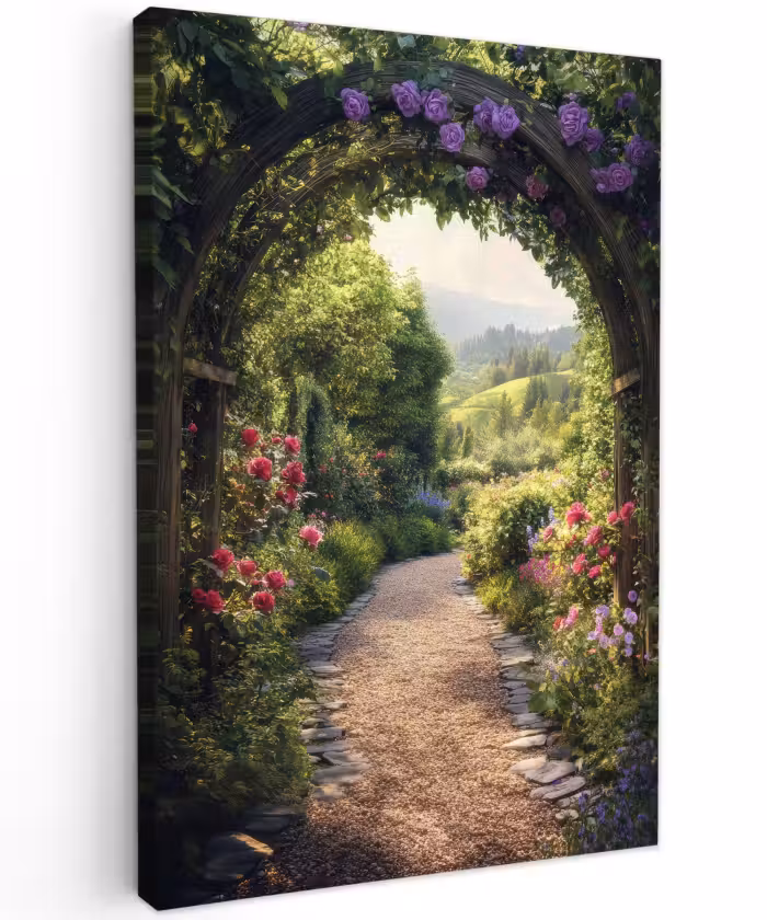 Outdoor Leinwand - Ausblick - Landschaft - Blumen - Gartenbogen - Natur