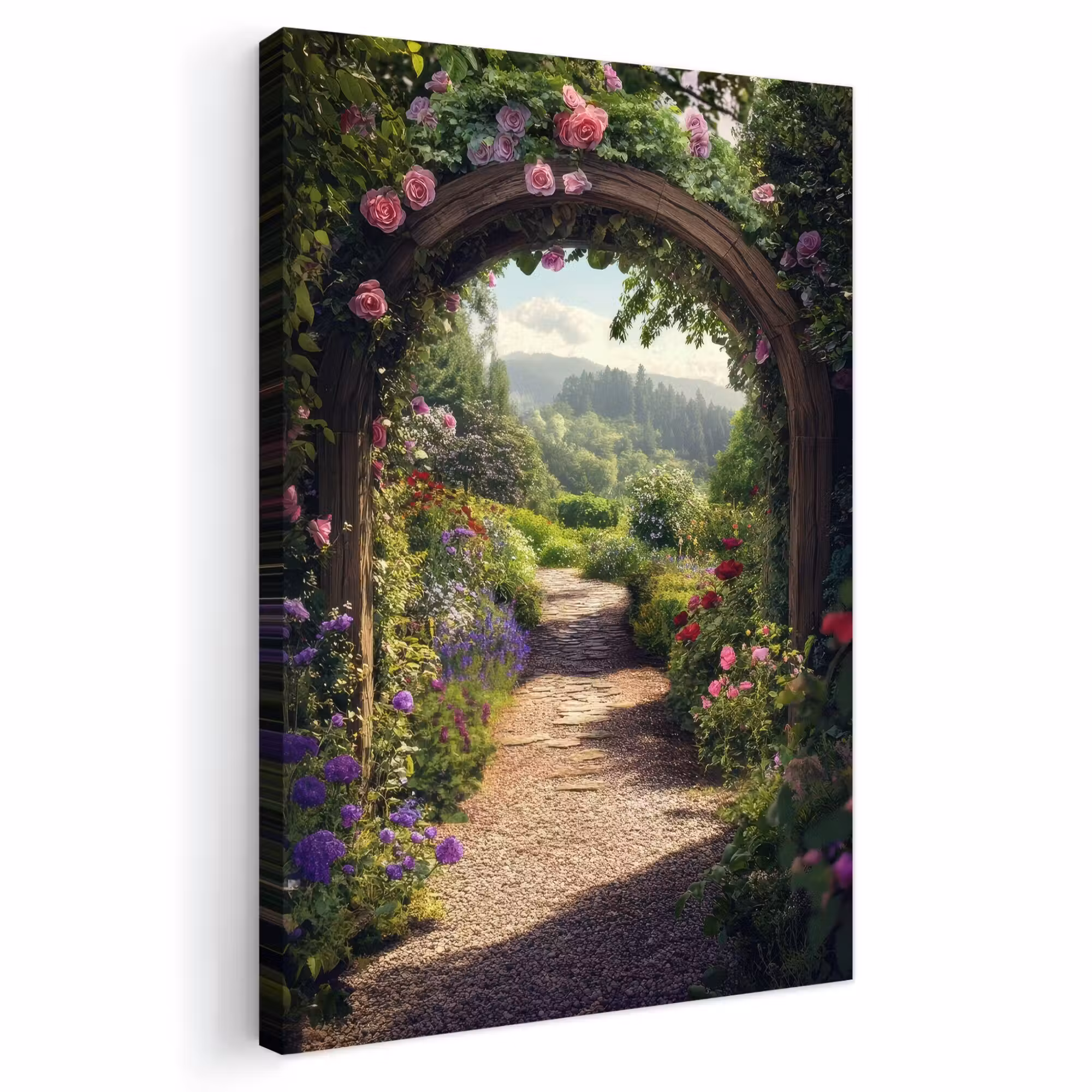 Outdoor Leinwand - Ausblick - Landschaft - Blumen - Rosenbogen - Natur