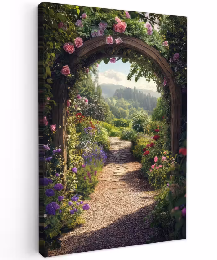 Outdoor Leinwand - Ausblick - Landschaft - Blumen - Rosenbogen - Natur