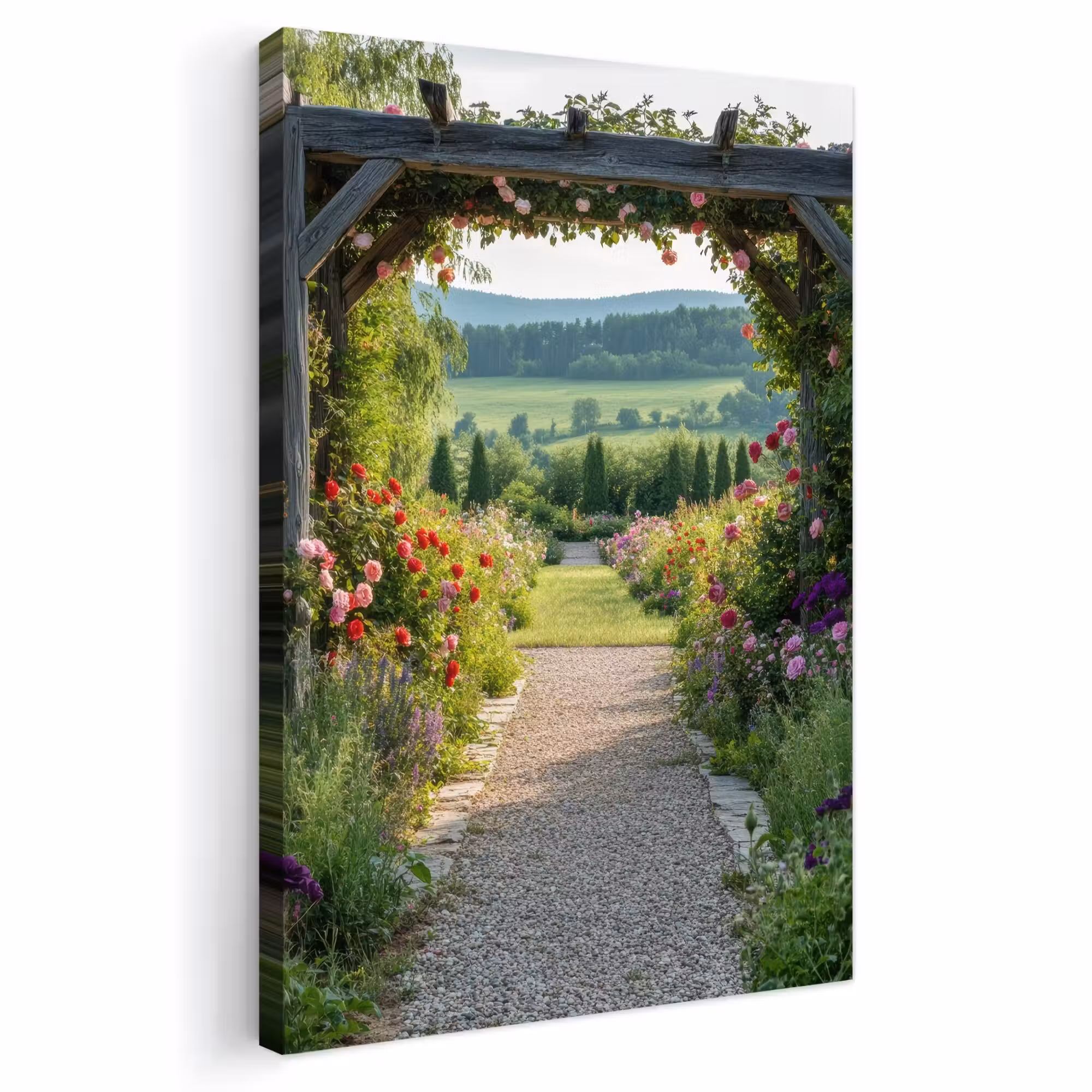Outdoor Leinwand - Ausblick - Landschaft - Natur - Gartenbogen - Blumen