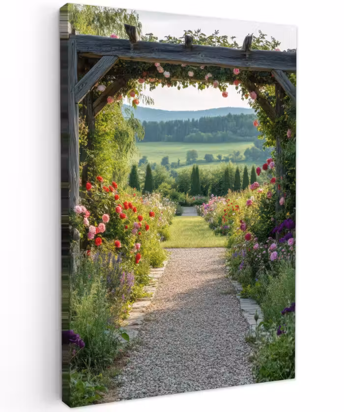 Outdoor Leinwand - Ausblick - Landschaft - Natur - Gartenbogen - Blumen