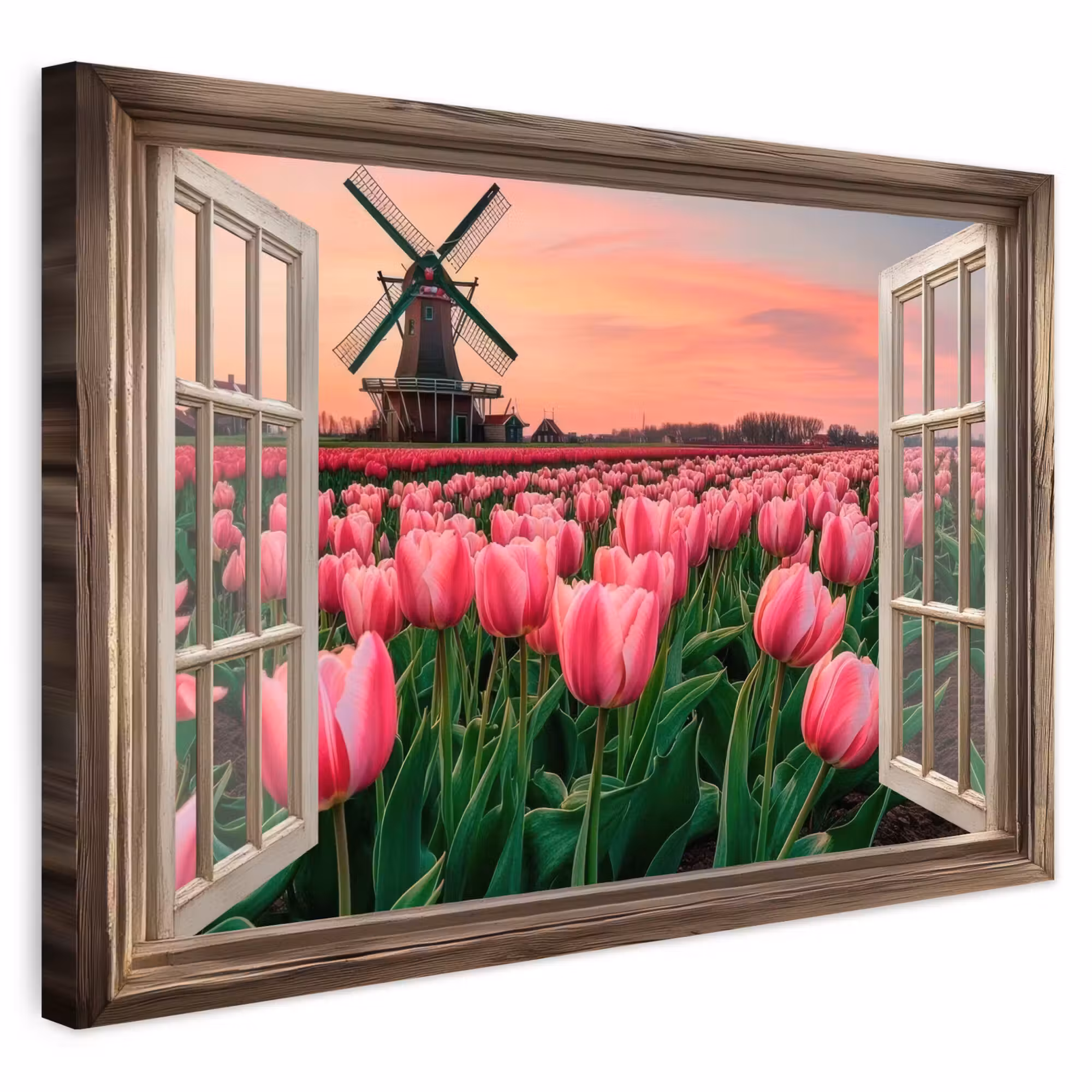 Outdoor Leinwand - Ausblick - Tulpen - Blumen - Mühle - Fenster