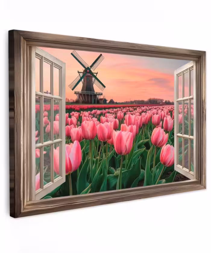 Outdoor Leinwand - Ausblick - Tulpen - Blumen - Mühle - Fenster