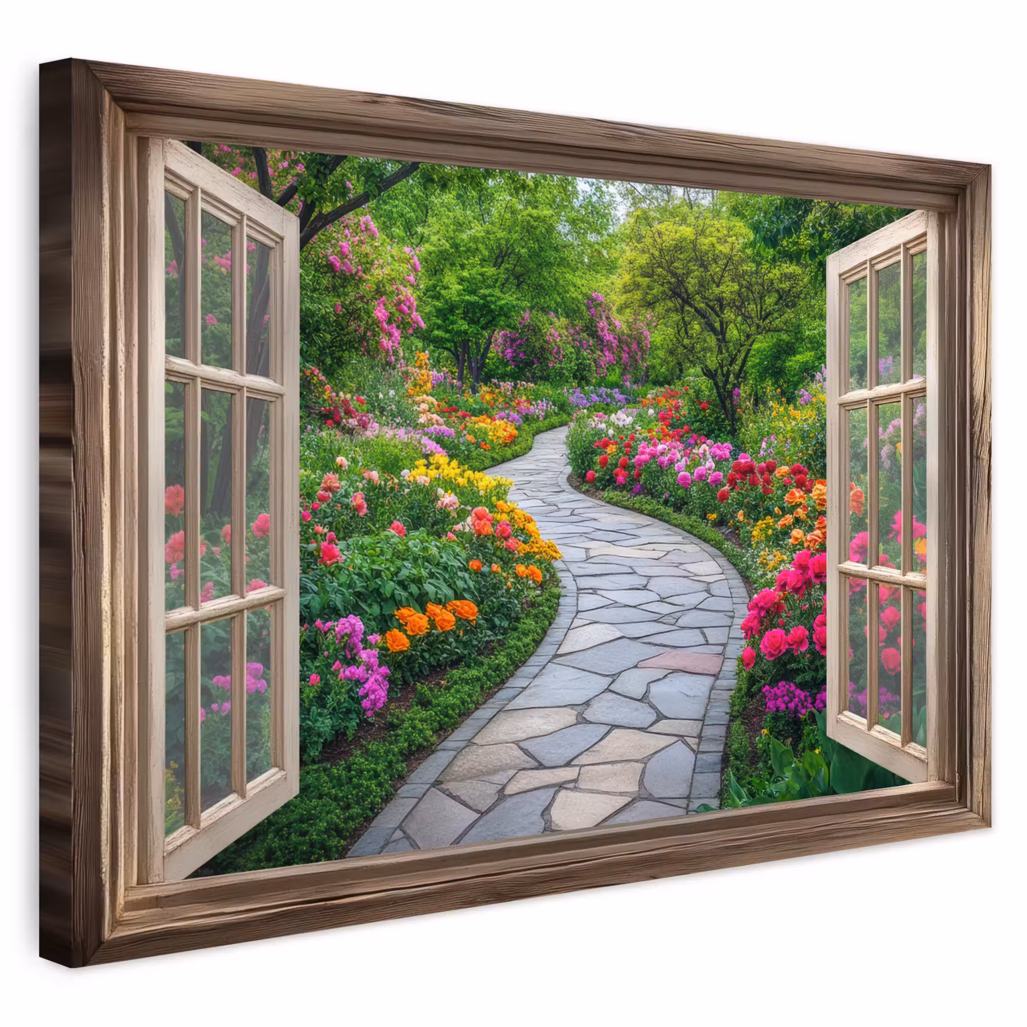 Outdoor Leinwand - Aussicht - Blumen - Gartenweg - Natur - Fenster