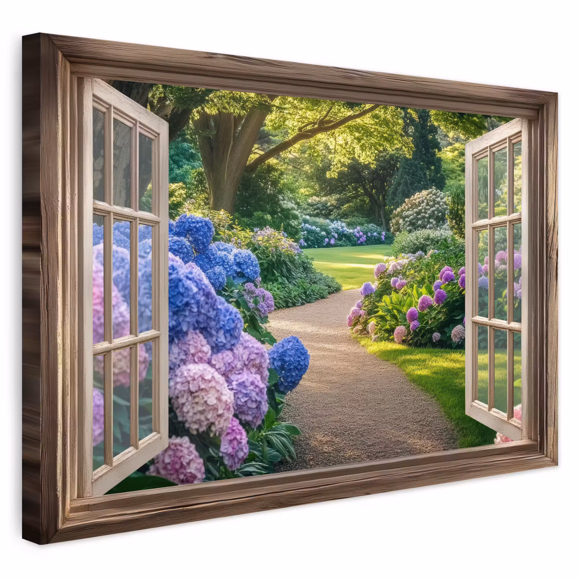 Outdoor Leinwand - Aussicht - Garten - Fenster - Hortensie - Blumen