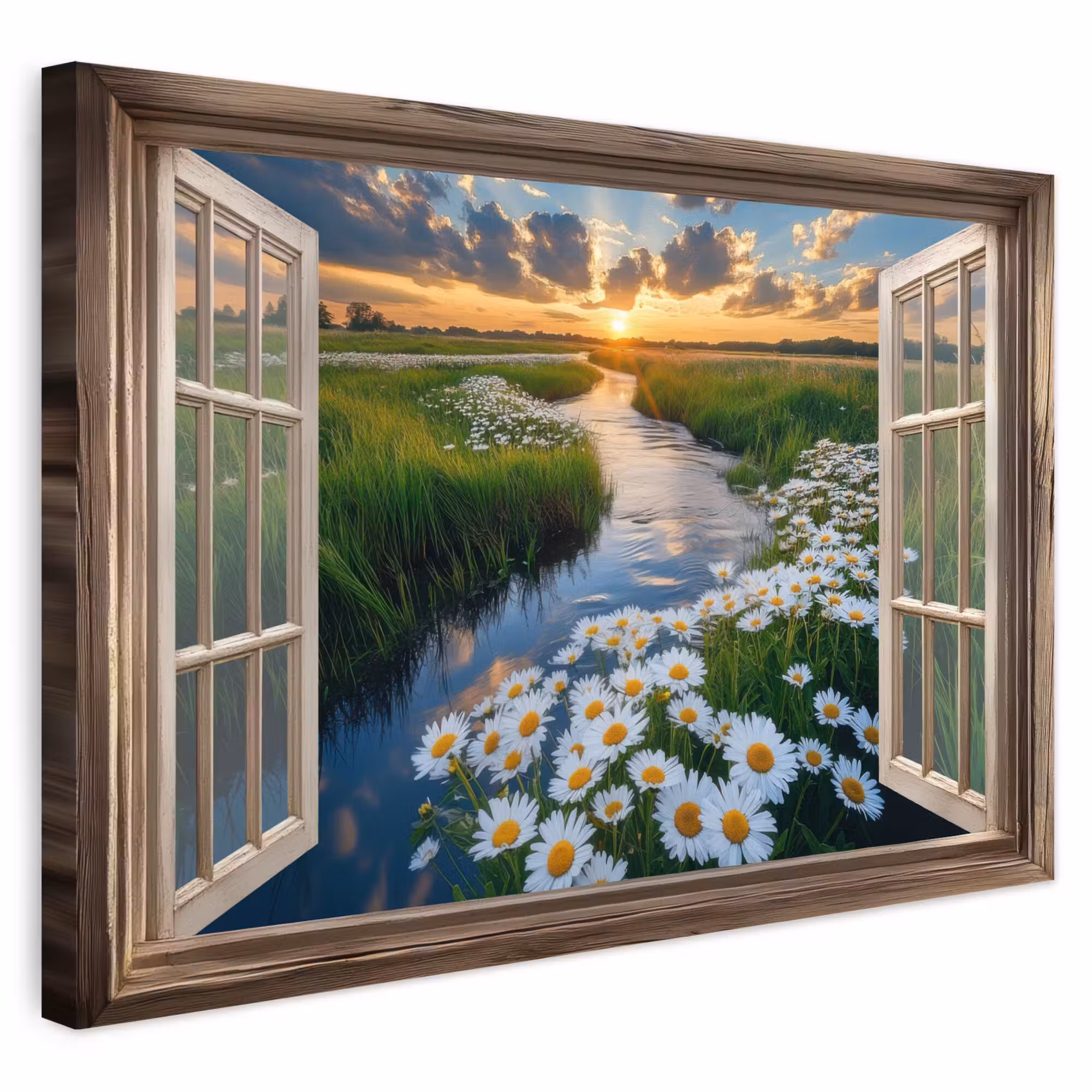 Outdoor Leinwand - Aussicht - Landschaft - Fenster - Wasser - Sonnenuntergang