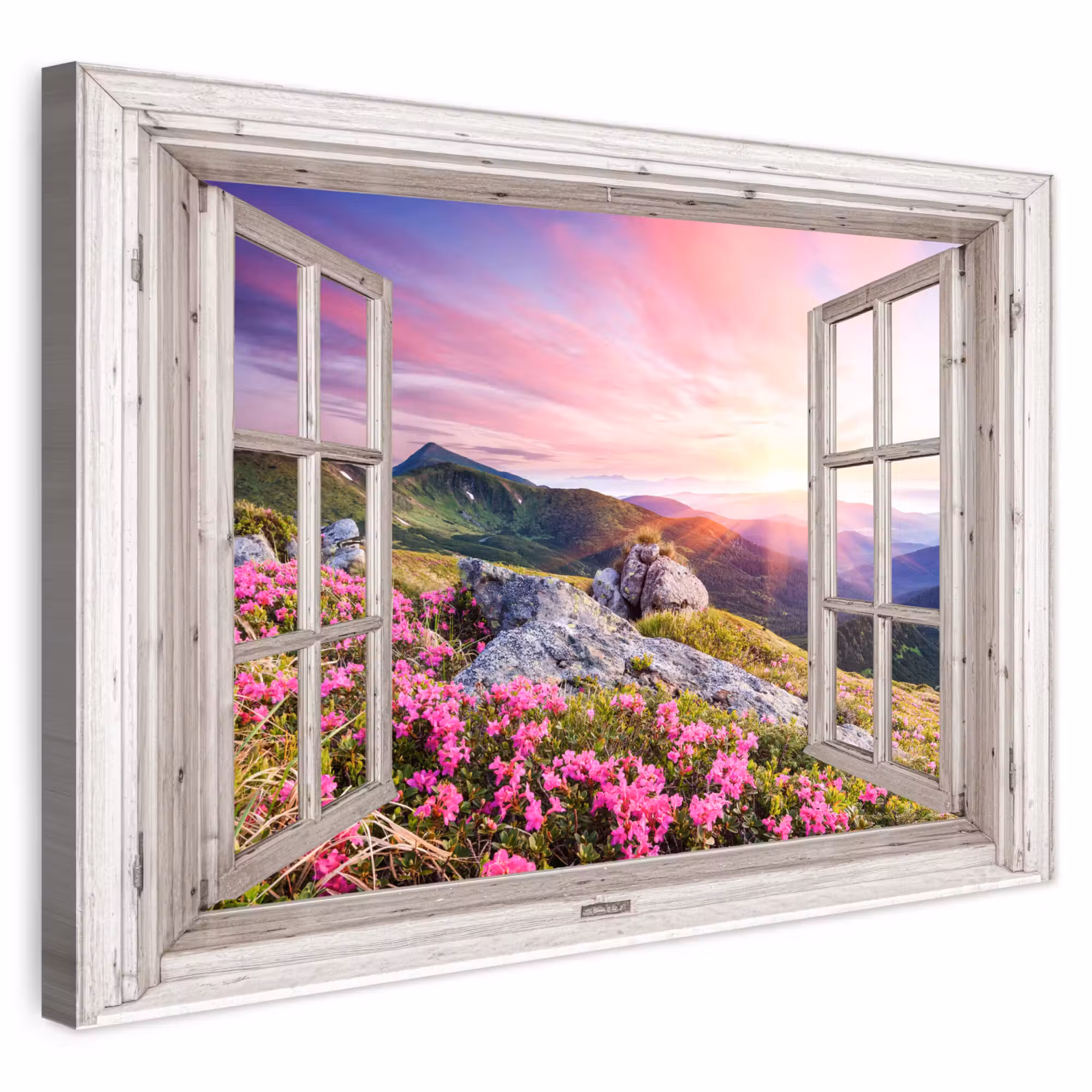 Outdoor Leinwand - Berge - Landschaft - Aussicht - Blumen - Abend - Rosa