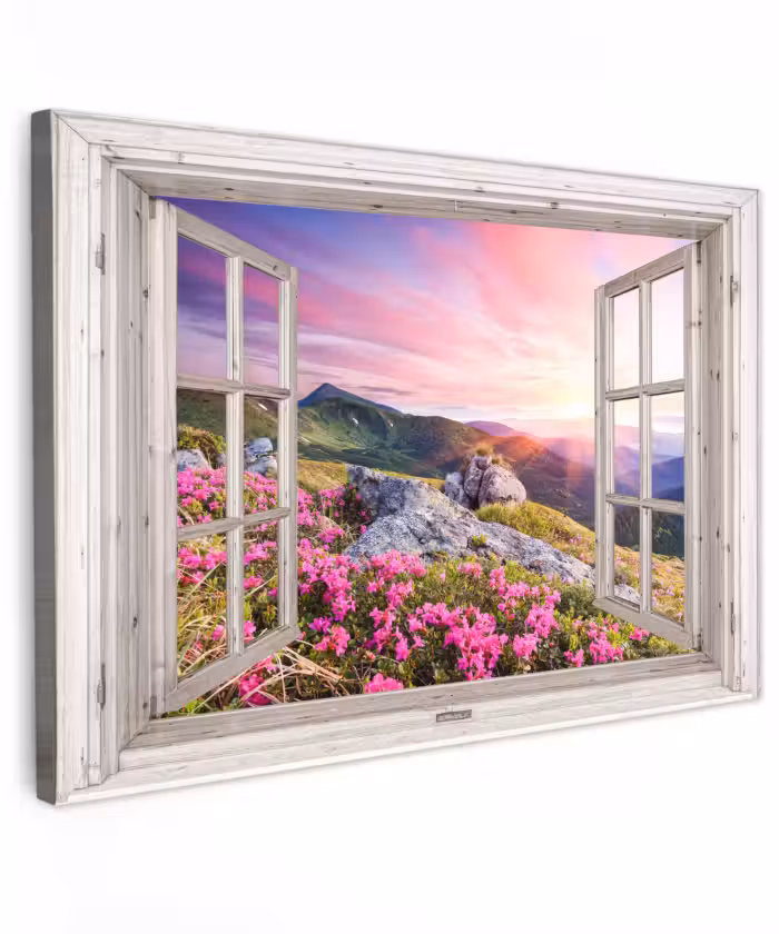 Outdoor Leinwand - Berge - Landschaft - Aussicht - Blumen - Abend - Rosa