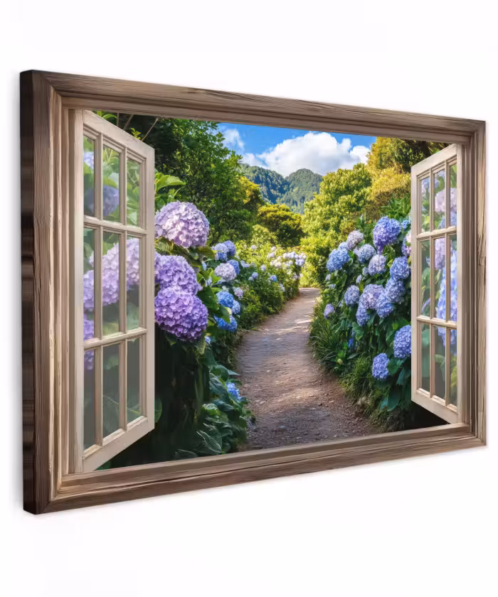 Outdoor Leinwand - Durchblick - Hortensie - Weg - Natur