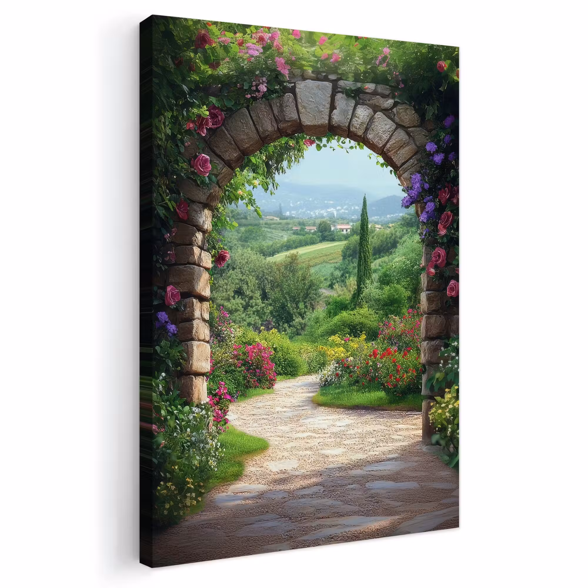 Outdoor Leinwand - Durchblick - Landschaft - Blumen - Weg - Aussicht