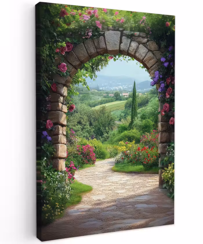 Outdoor Leinwand - Durchblick - Landschaft - Blumen - Weg - Aussicht