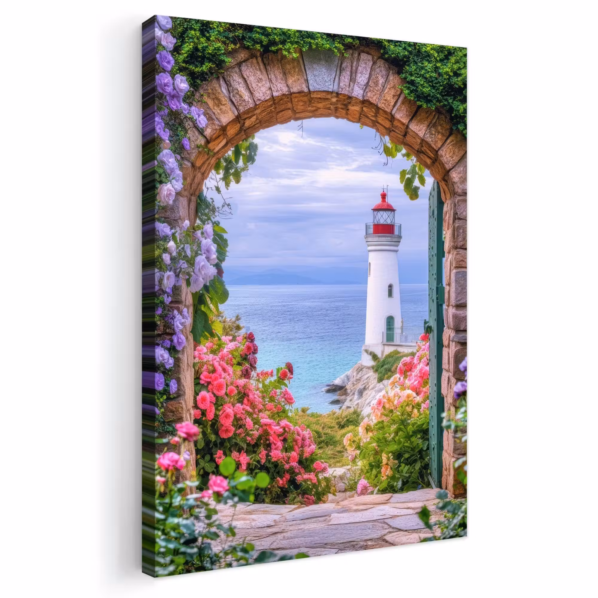 Outdoor Leinwand - Durchblick - Leuchtturm - Blumen - Aussicht