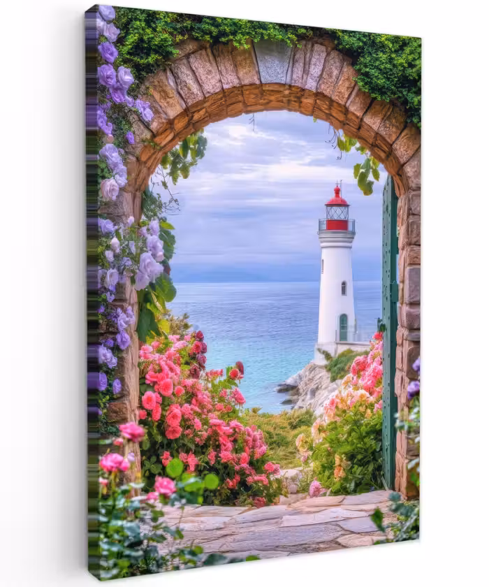 Outdoor Leinwand - Durchblick - Leuchtturm - Blumen - Aussicht