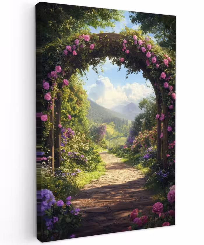 Outdoor Leinwand - Durchblick - Rosenbogen - Ansichten - Landschaft - Blumen