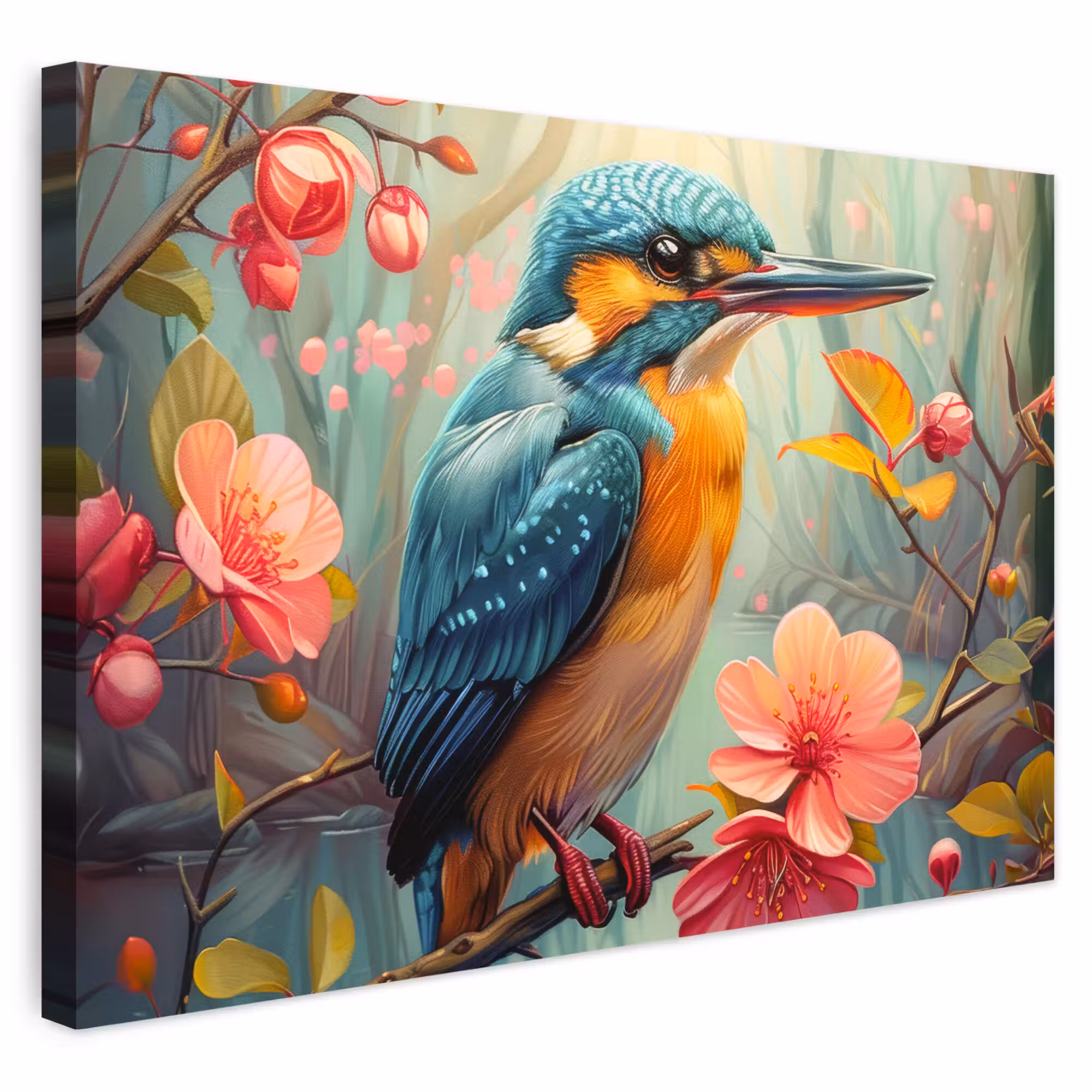 Outdoor Leinwand - Eisvogel - Blüte - Natur - Vögel - Blumen