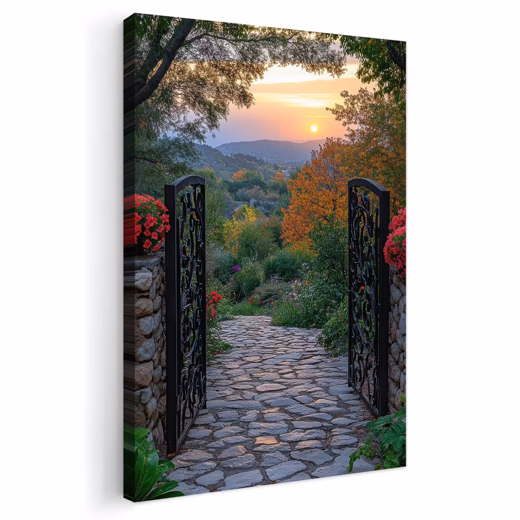 Outdoor Leinwand - Landschaft - Zaun - Weg - Sonnenuntergang - Natur