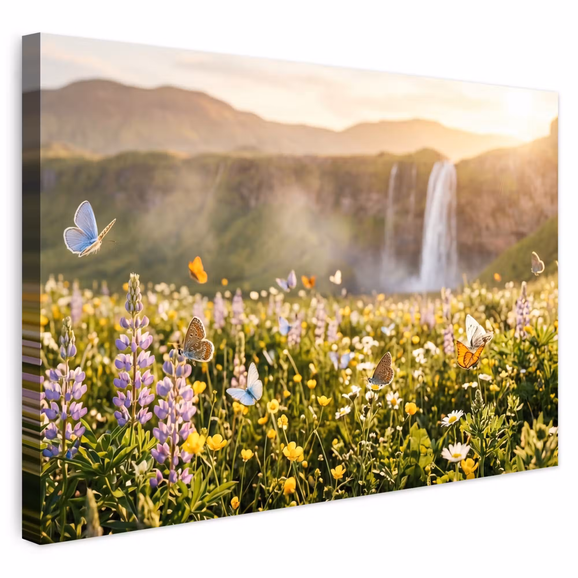 Outdoor Leinwand - Schmetterlinge - Wasserfall - Blumenfeld