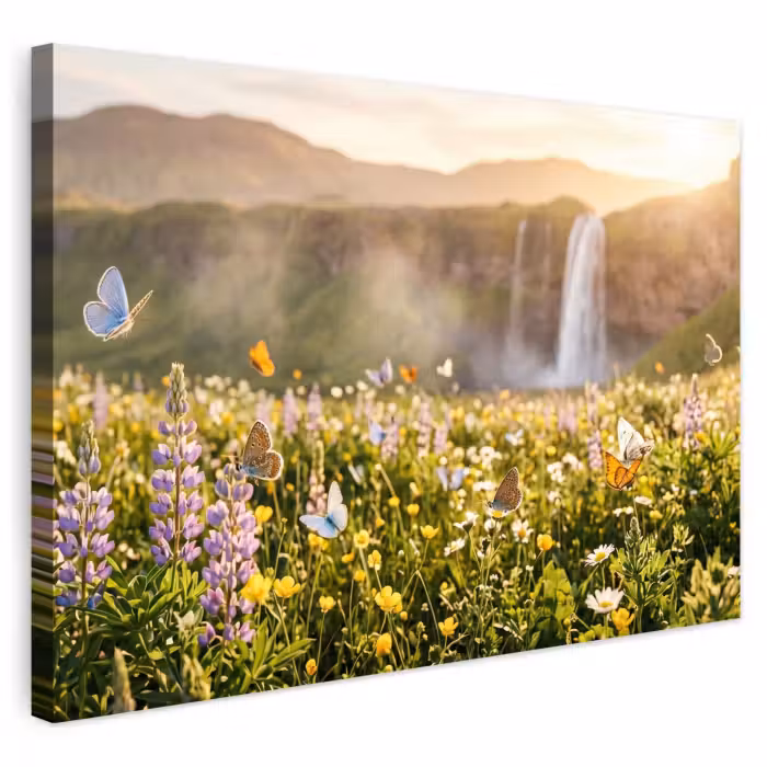 Outdoor Leinwand - Schmetterlinge - Wasserfall - Blumenfeld