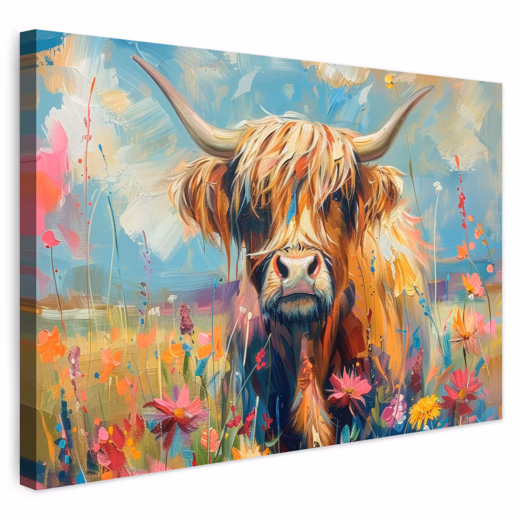 Outdoor Leinwand - Schottische Hochländer - Natur - Farbenfroh - Blumen