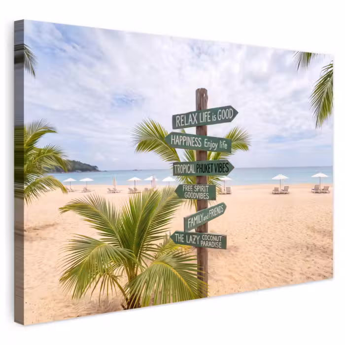 Outdoor Leinwand - Strand – Wegweiser – Palmen – Tropisch – Grün