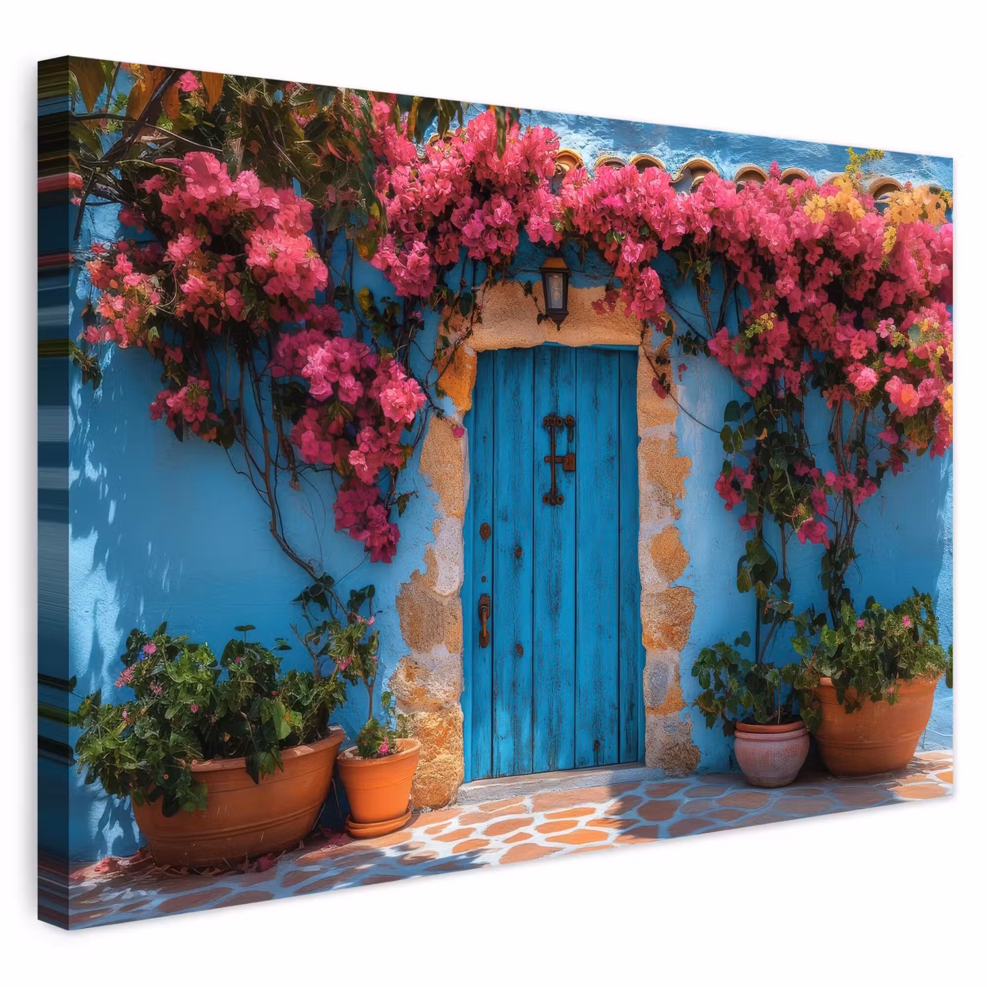 Outdoor Leinwand - Tür - Holz - Blumen - Blau