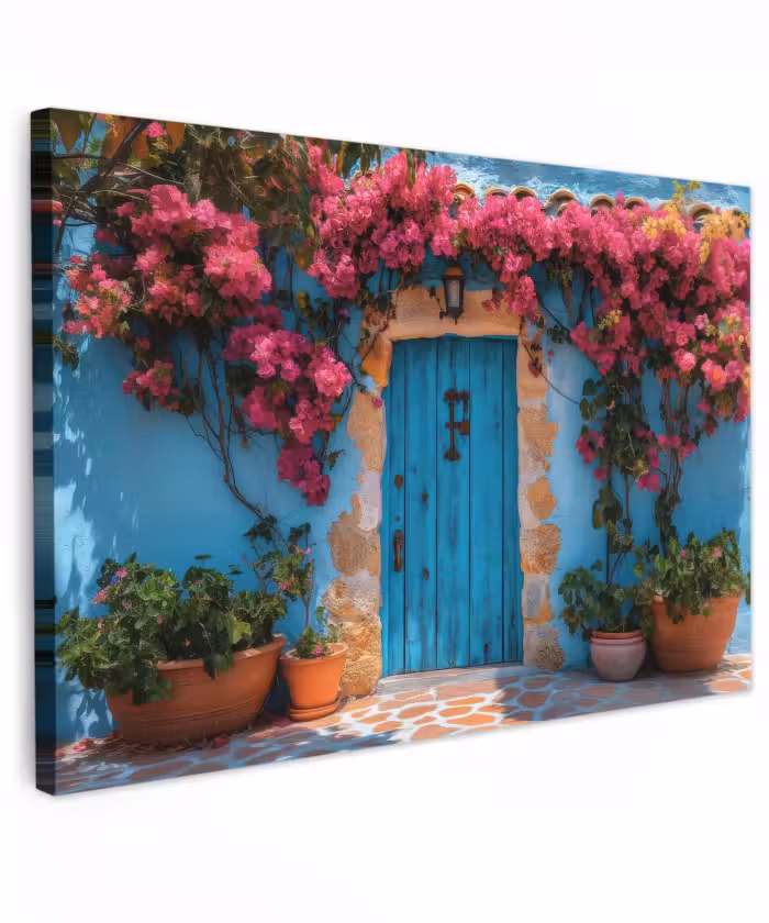 Outdoor Leinwand - Tür - Holz - Blumen - Blau