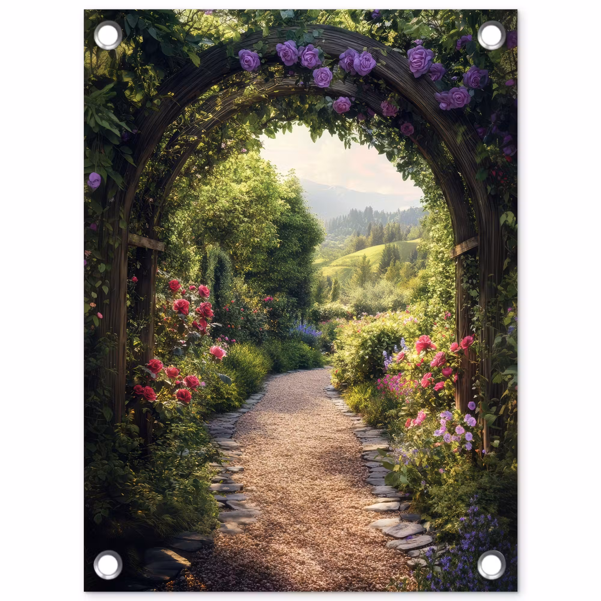 Gartenposter - Ausblick - Landschaft - Blumen - Gartenbogen - Natur