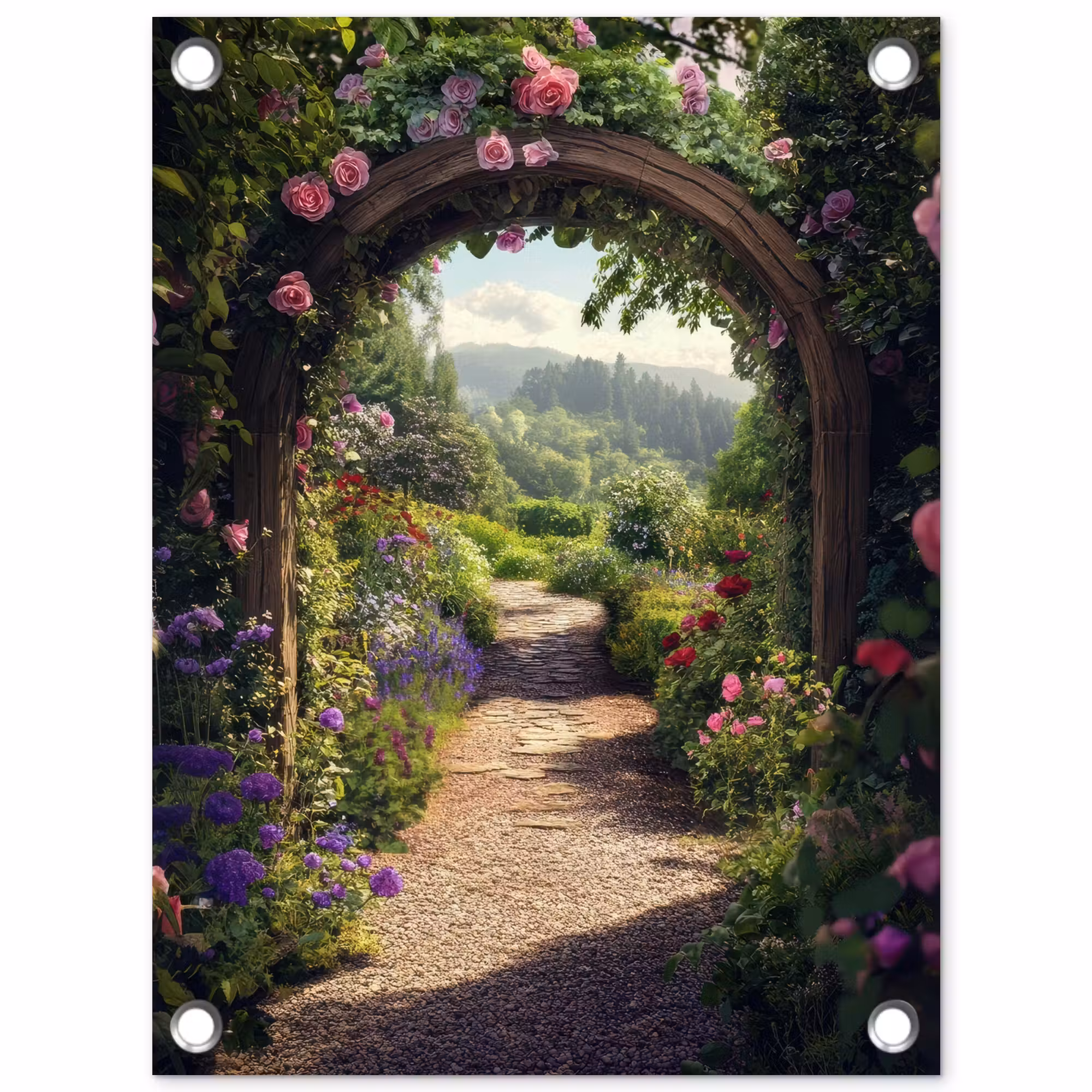 Gartenposter - Ausblick - Landschaft - Blumen - Rosenbogen - Natur
