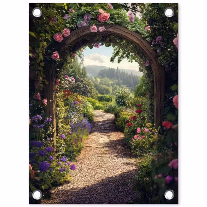 Gartenposter - Ausblick - Landschaft - Blumen - Rosenbogen - Natur