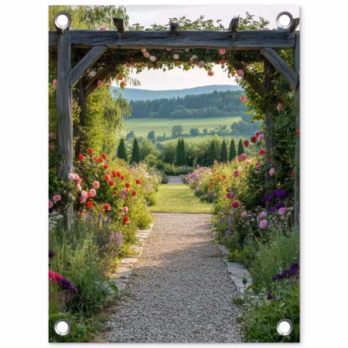 Gartenposter - Ausblick - Landschaft - Natur - Gartenbogen - Blumen