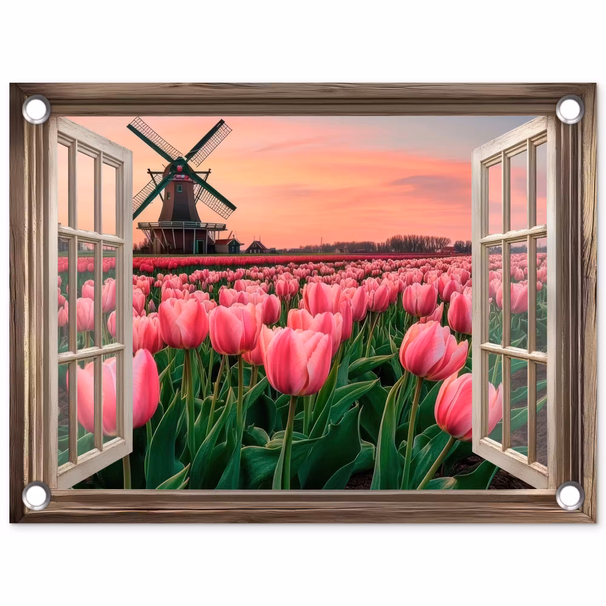 Gartenposter - Ausblick - Tulpen - Blumen - Mühle - Fenster