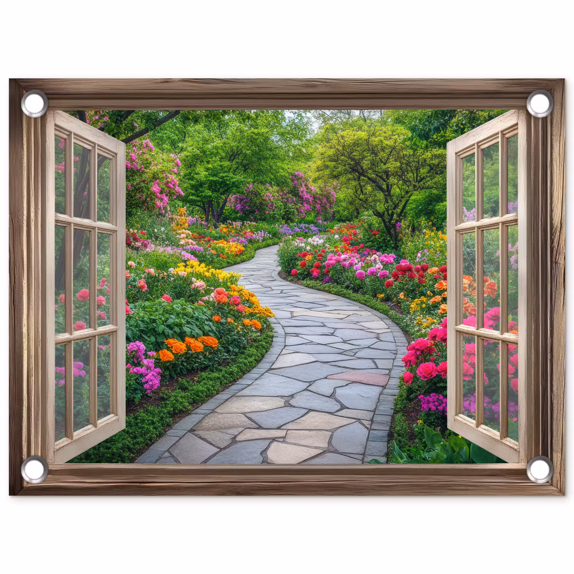Gartenposter - Aussicht - Blumen - Gartenweg - Natur - Fenster