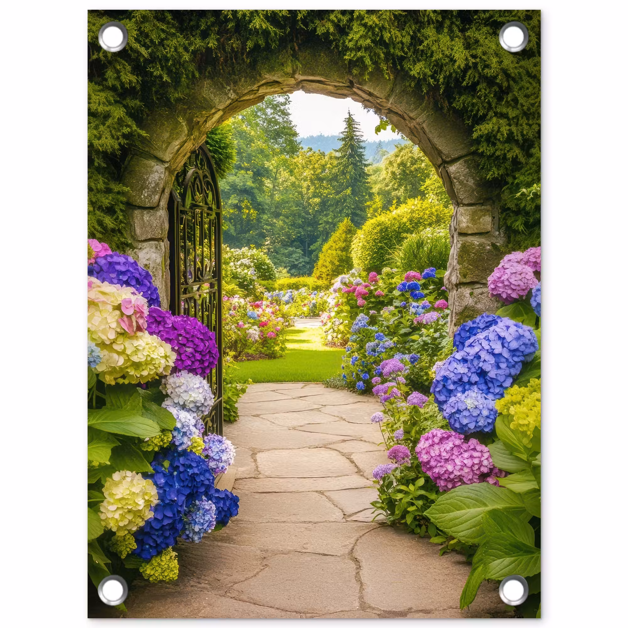 Gartenposter - Aussicht - Tor - Hortensie - Blumengarten