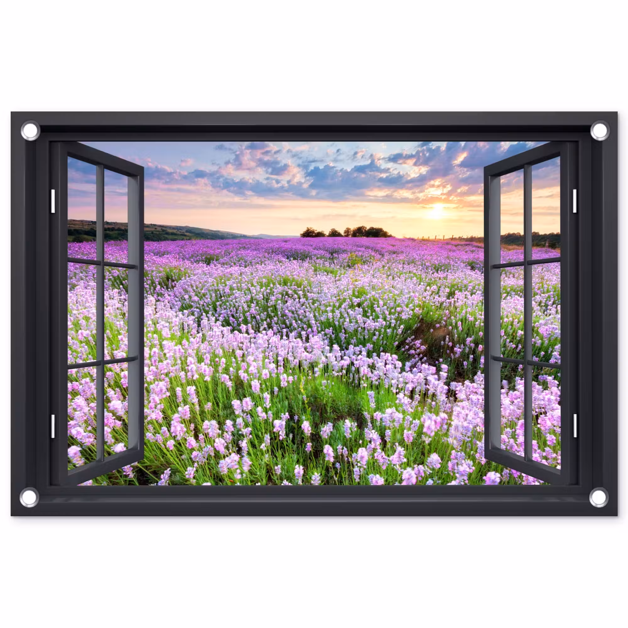Gartenposter - Blick auf das Lavendelfeld bei Sonnenuntergang