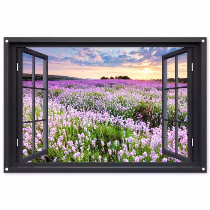 Gartenposter - Blick auf das Lavendelfeld bei Sonnenuntergang