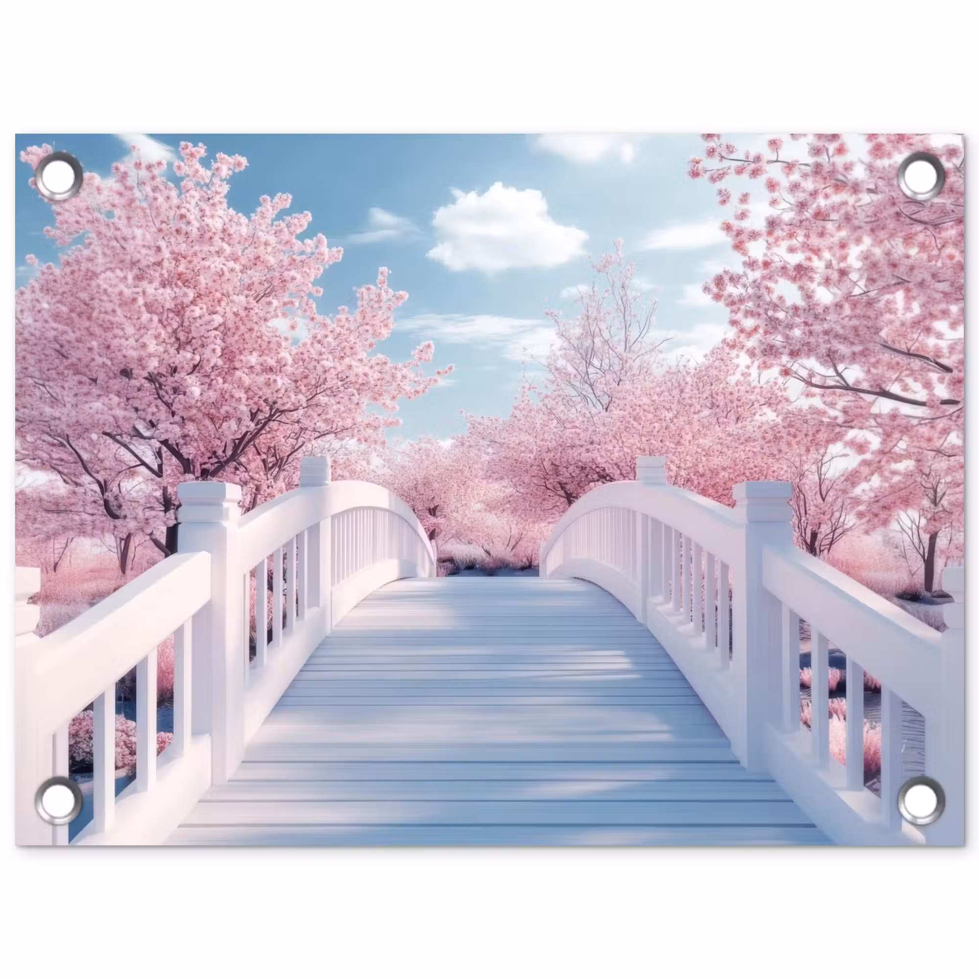 Gartenposter - Brücke - Kirschbäume - Weiß