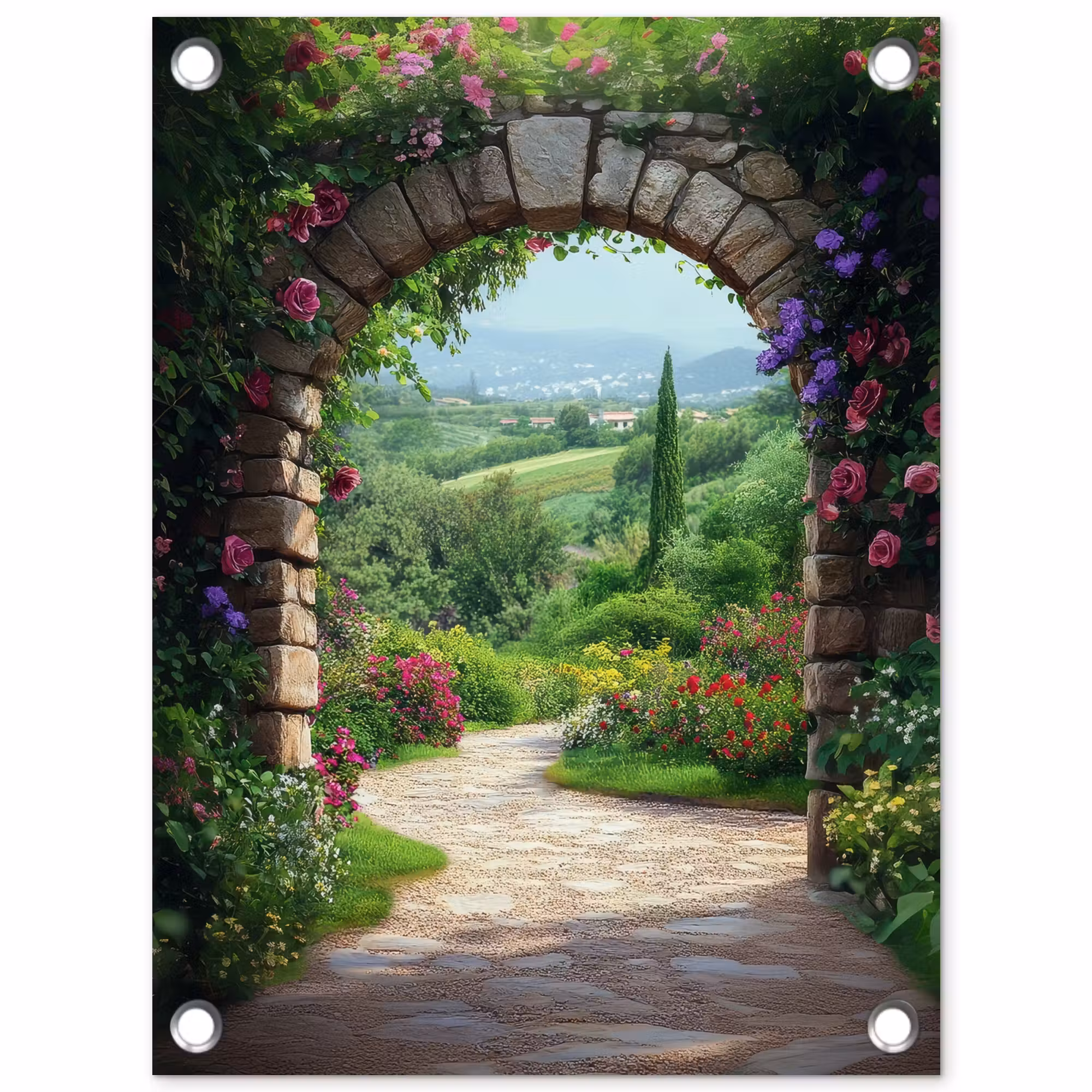 Gartenposter - Durchblick - Landschaft - Blumen - Weg - Aussicht