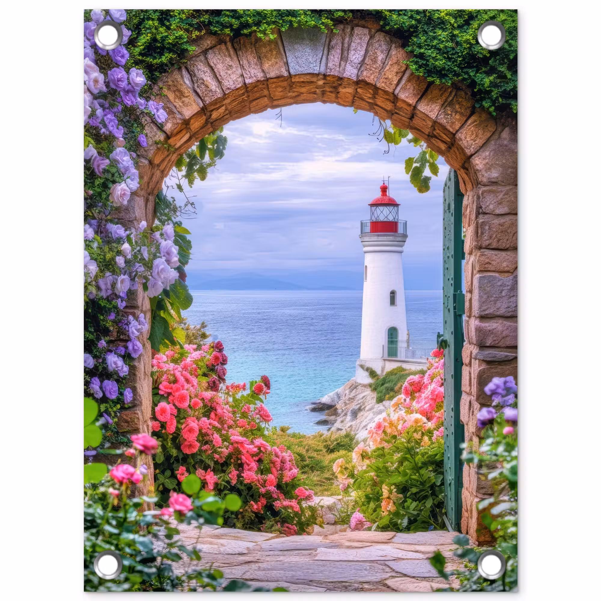 Gartenposter - Durchblick - Leuchtturm - Blumen - Aussicht