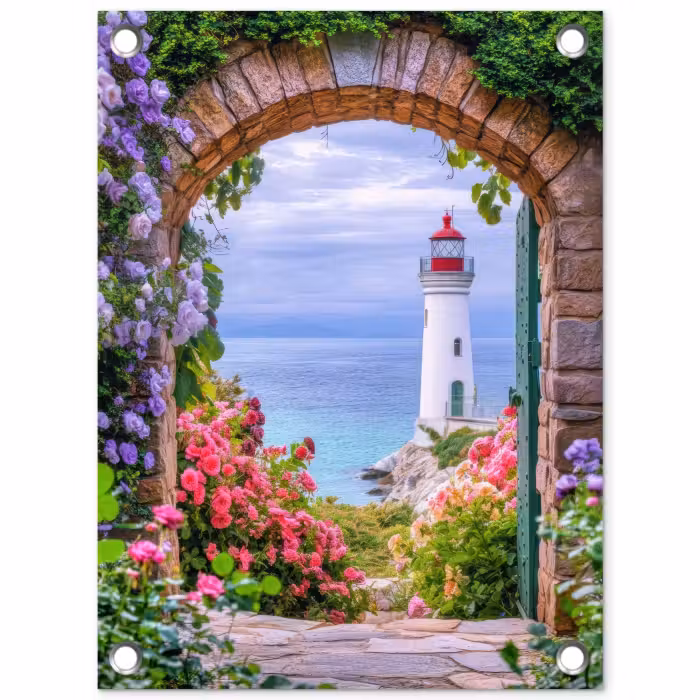 Gartenposter - Durchblick - Leuchtturm - Blumen - Aussicht