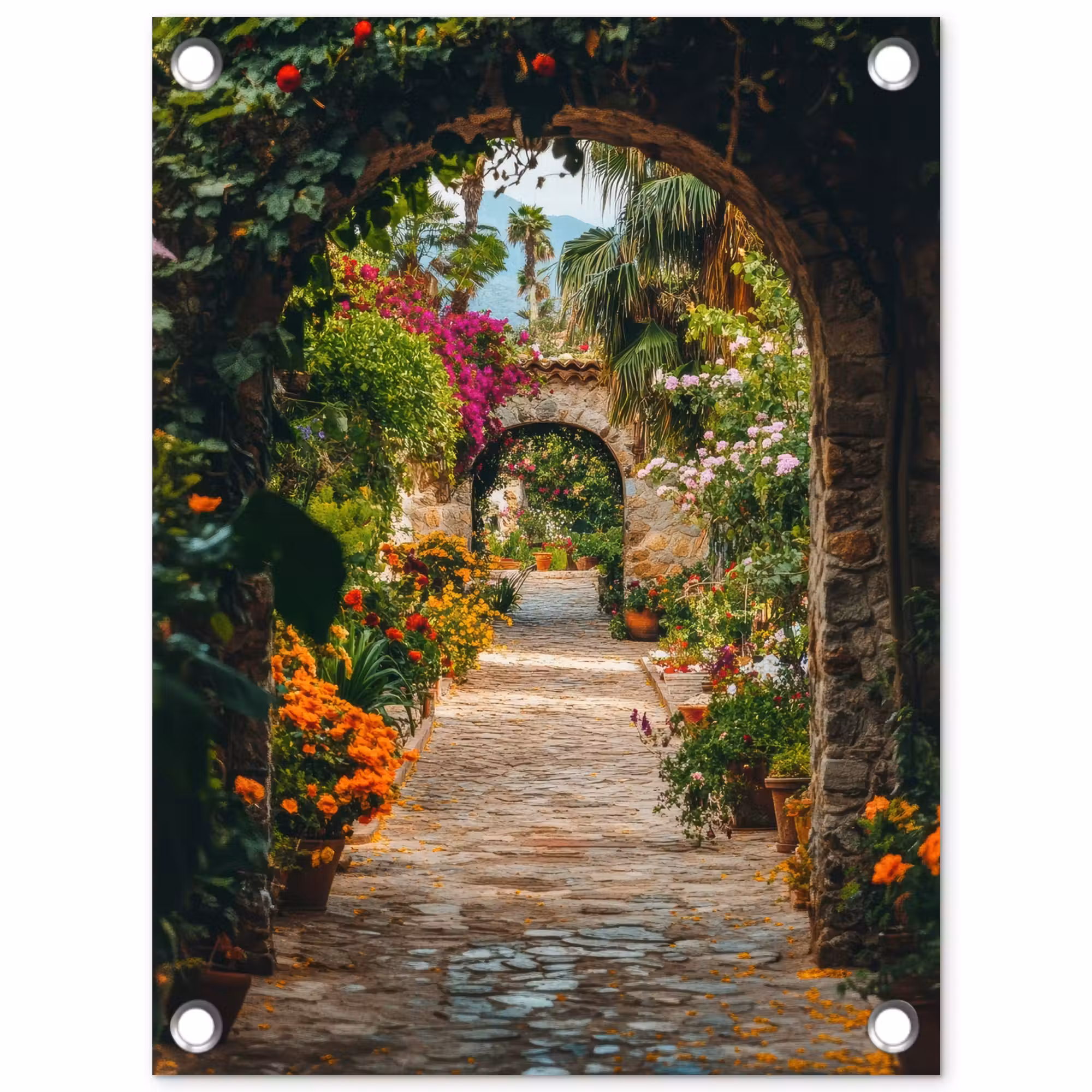 Gartenposter - Durchsichtig - Blumen - Tor - Steine